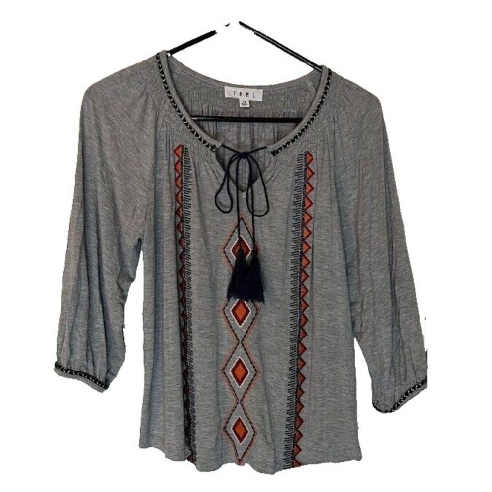 THML Anthropologie Bohochic Grey Embroidered Aztec Design Tassel Tie Top XS